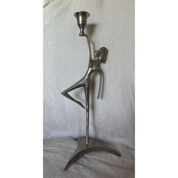 Dancing Woman Girl Figure Candlestick Holder Mid Century Modern Silver MCM 14”